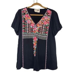 Savanna Jane Dark Floral Top Embroidered Hippie Boho Festival V-Neck Blouse SzM